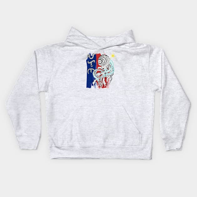 Philippine Flag-Tribal line Art Jellyfish / Baybayin word Alon (Waves) Kids Hoodie by Pirma Pinas